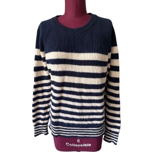 J. Crew Ribbed cashmere oversized crewneck sweater size L Striped Cream Navy - Picture 3 of 11